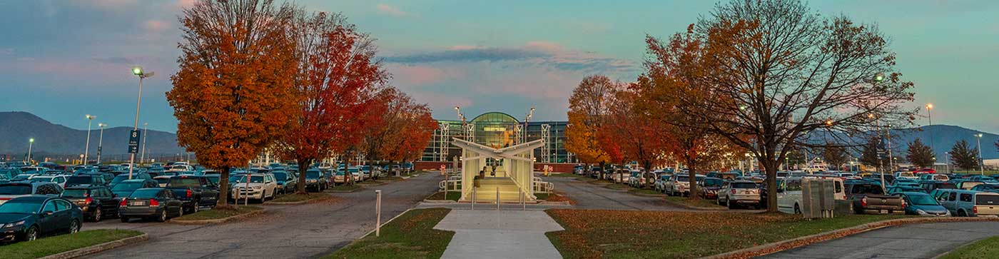 Roanoke-Blacksburg Regional Airport Terminal Exterior and Parking Lot on Fall day