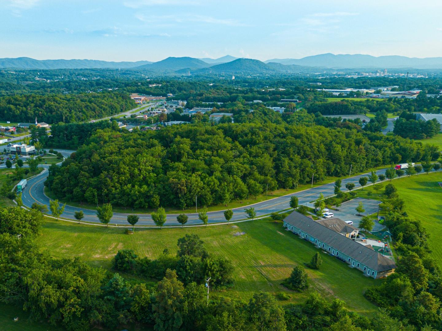 Aerial view of trees, buildings, and roads.